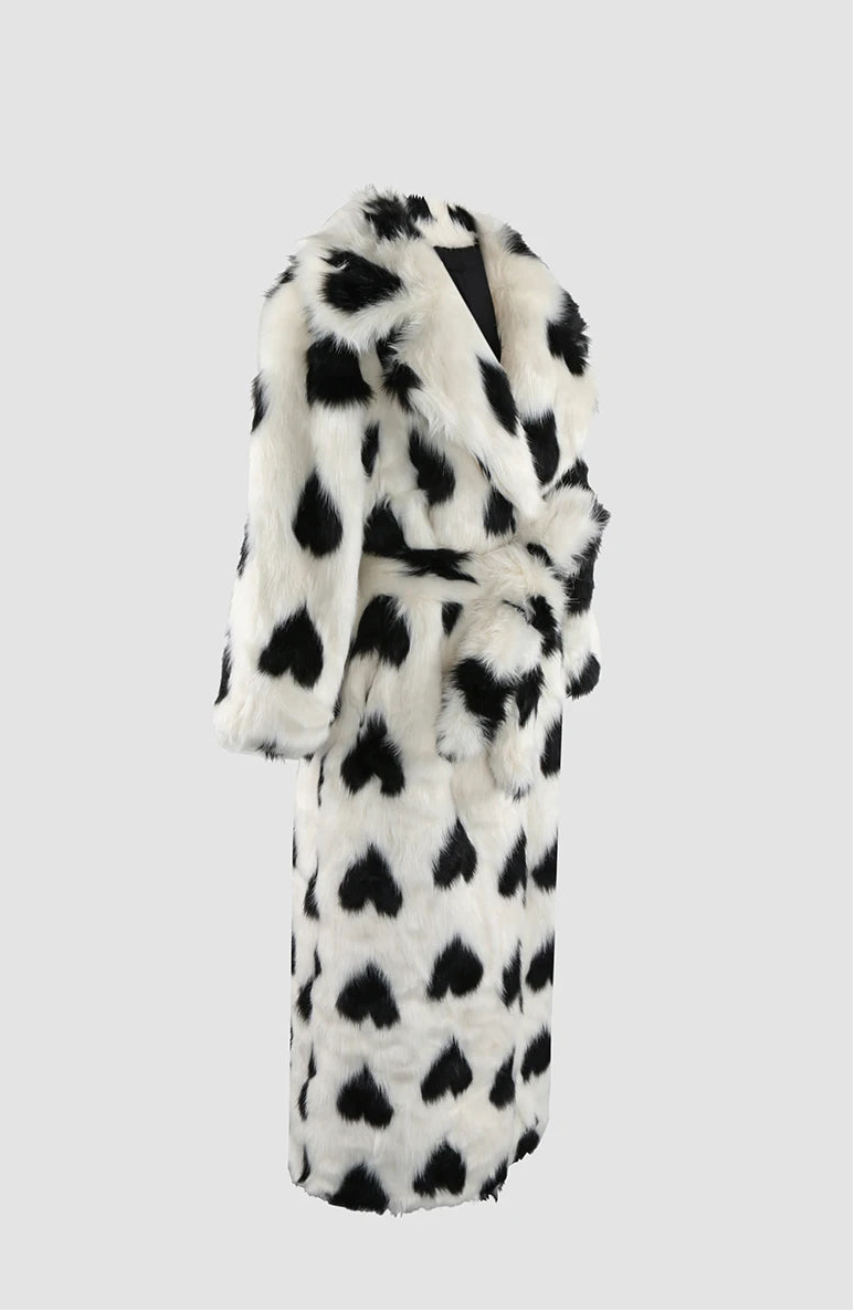 Heart Print Faux Fur Coat