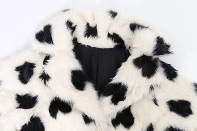 Heart Print Faux Fur Coat