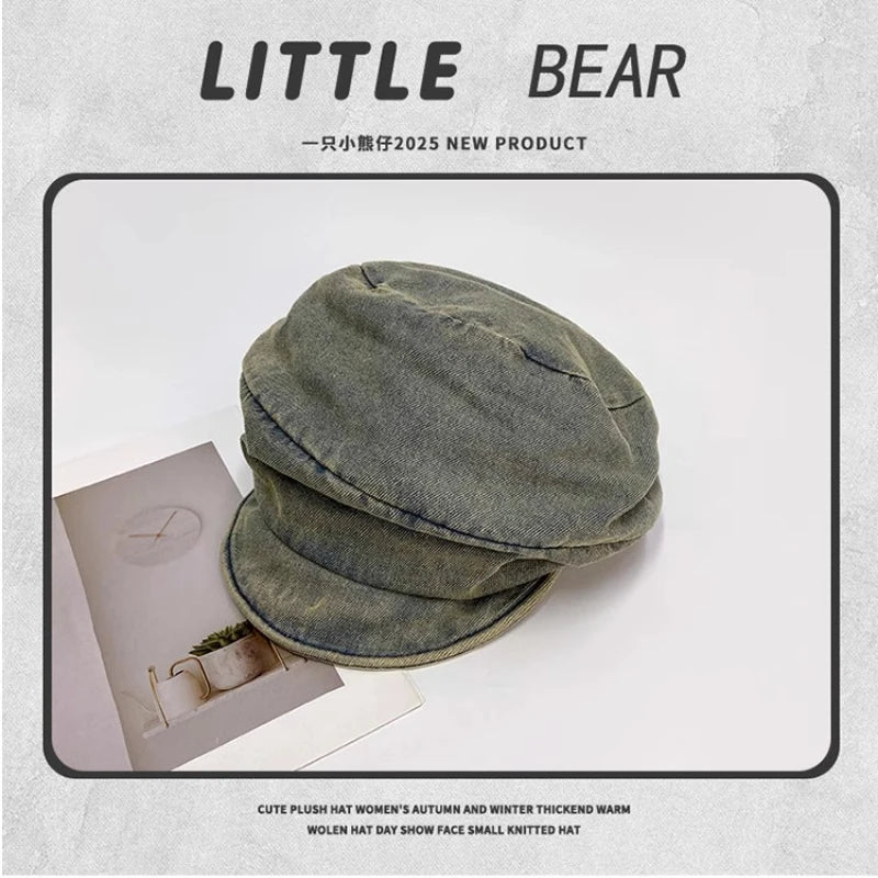 Washed Denim Beret Hat