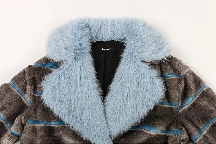 Striped Patchwork Faux Fur Coat