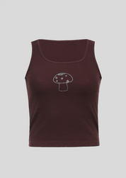Brown Tank with Mushroom Embroidery