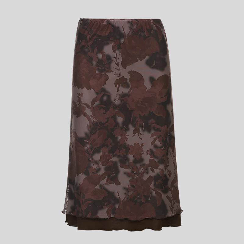 Brown Midi Skirt with Flowers & Lace