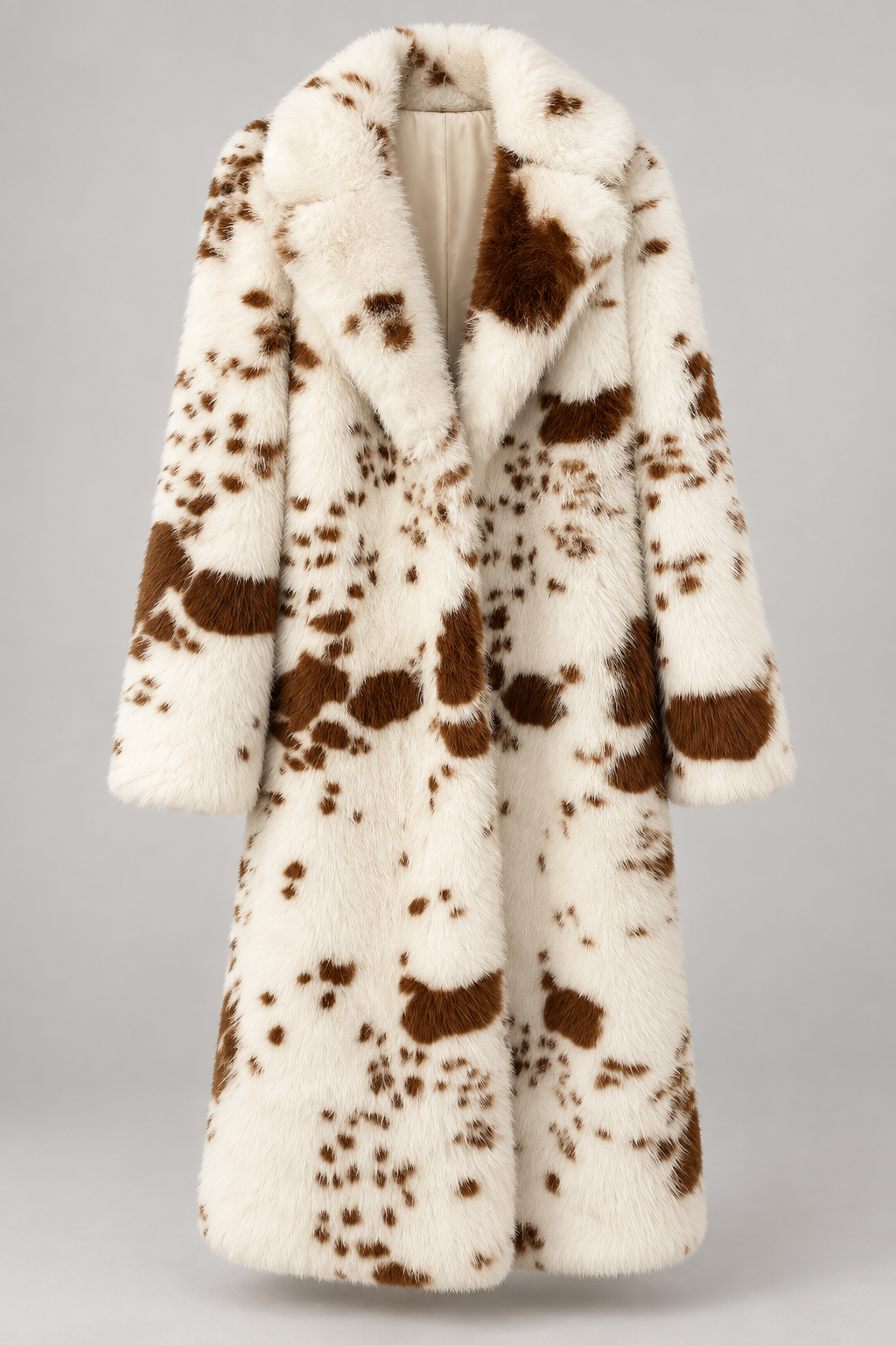 Long Cow Print Faux Fur Coat