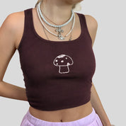 Brown Tank with Mushroom Embroidery