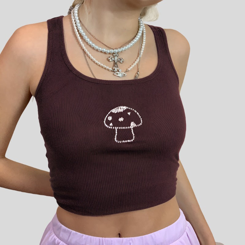 Brown Tank with Mushroom Embroidery